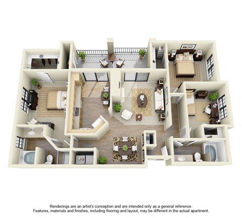 Floor plan for 3 beds, 2 baths, 1352 sqft